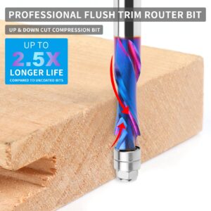 EANOSIC Spiral Compression Flush Trim Router Bit 1/2 Inch Shank, 1-1/2 Inch Cutting Length, Extra Long 4 Inch, Solid Carbide UP/Down Cut Spiral Router Bits with Bottom Bearing for Wood Trimming (Blue