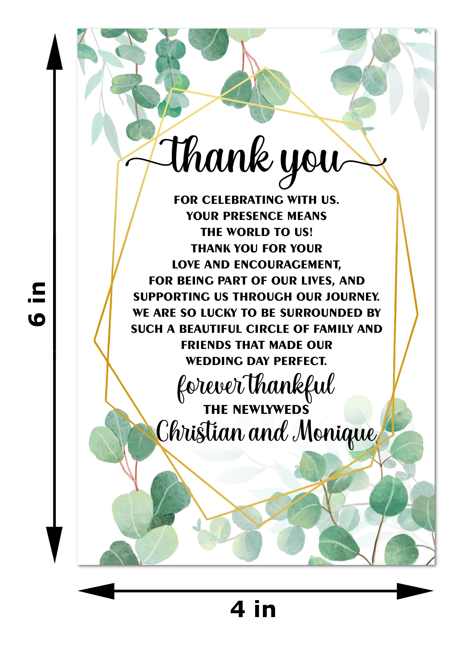 Personalized Eucalyptus Wedding Thank You Place Cards, Custom Place Setting Cards, For Bridal Shower, Reunion, Reception, Celebration, Rehearsals, Dinner Parties, Events 50 Cards 4"x6". Made in USA