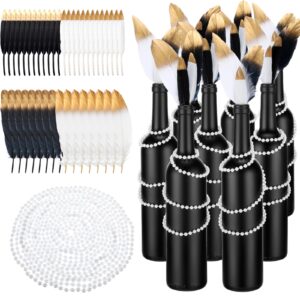 umigy 49 pcs roaring 20s party decorations 8 matte coated glass wine bottles 40 dipped feather 16.4 feet long string of pearls bead for 1920s themed wedding cake table centerpiece (black)