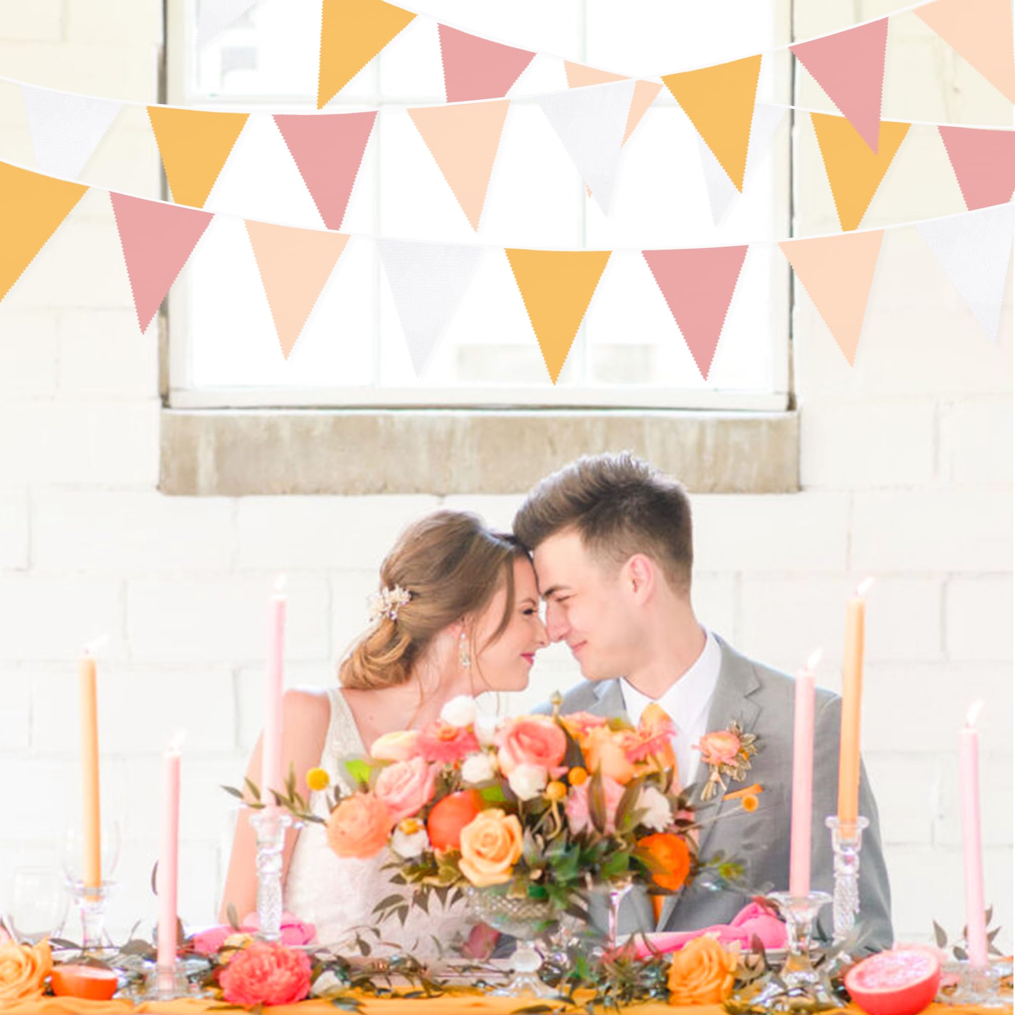 32Ft Groovy Party Decorations Yellow Pink White Pennant Banner Fabric Triangle Flag Bunting Garland Streamers for Daisy Groovy Boho Retro Hippie Wedding Birthday Baby Shower Spring Party Supplies