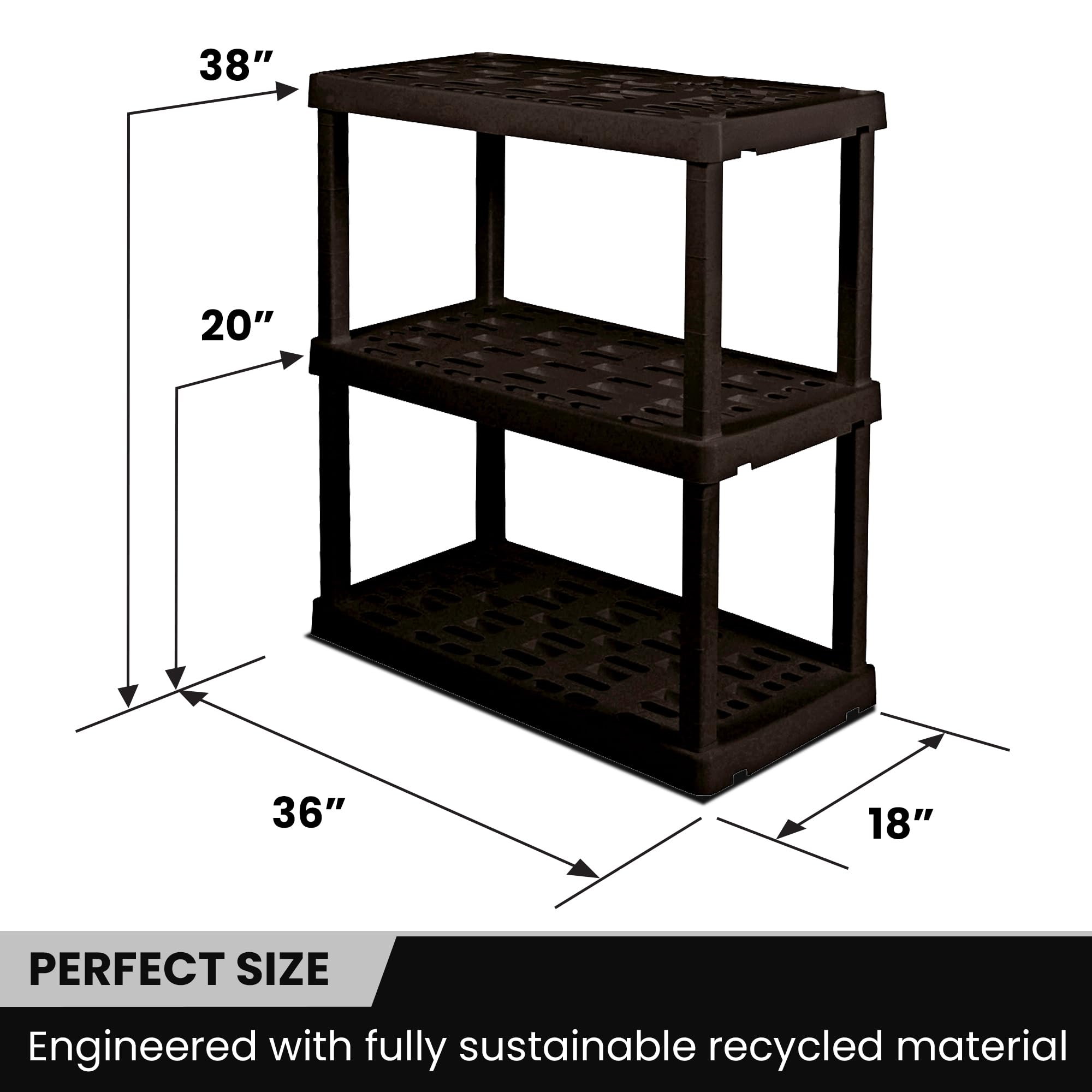 Koolatron Oskar 3 Tier Plastic Shelf, Garage Shelving Unit, Rack and Storage Shelves - Ideal for Storage Shed, and Shelf Organizer - Perfect for Garage Storage and Shelving Solutions,Black