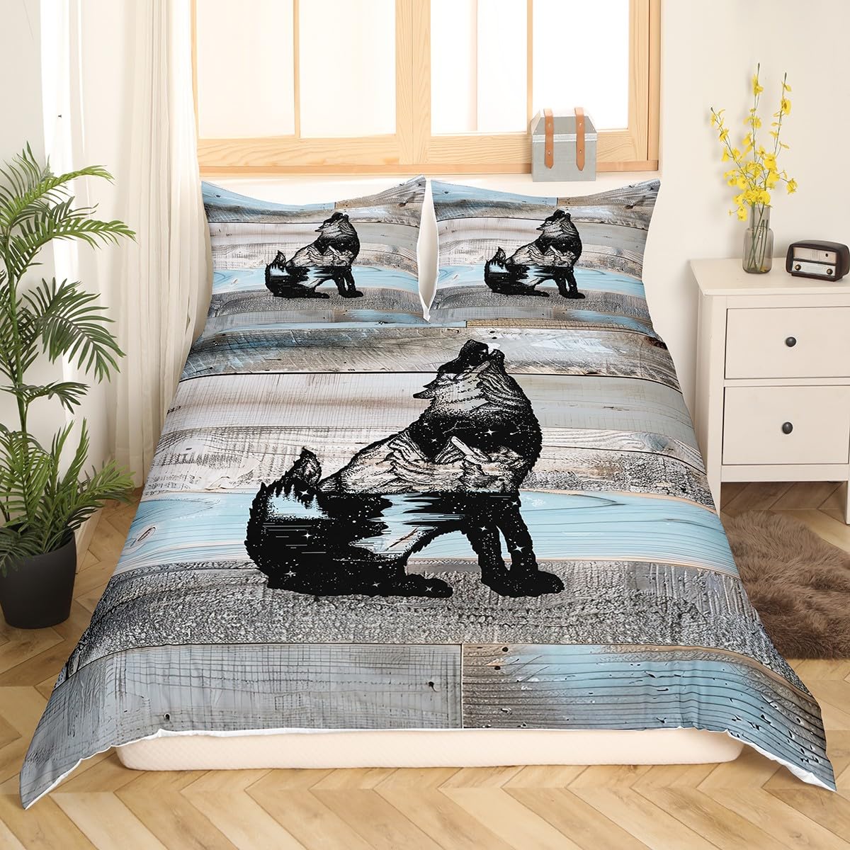 Wolf Duvet Cover Queen Rustic Farmhouse Style Bedding Set,Lodge Cabin Wood Comforter Cover Grey Blue Wooden Plank Woodland Wildlife Bed Set,Western Wild Animal Black Sketch Drawing Room Decor