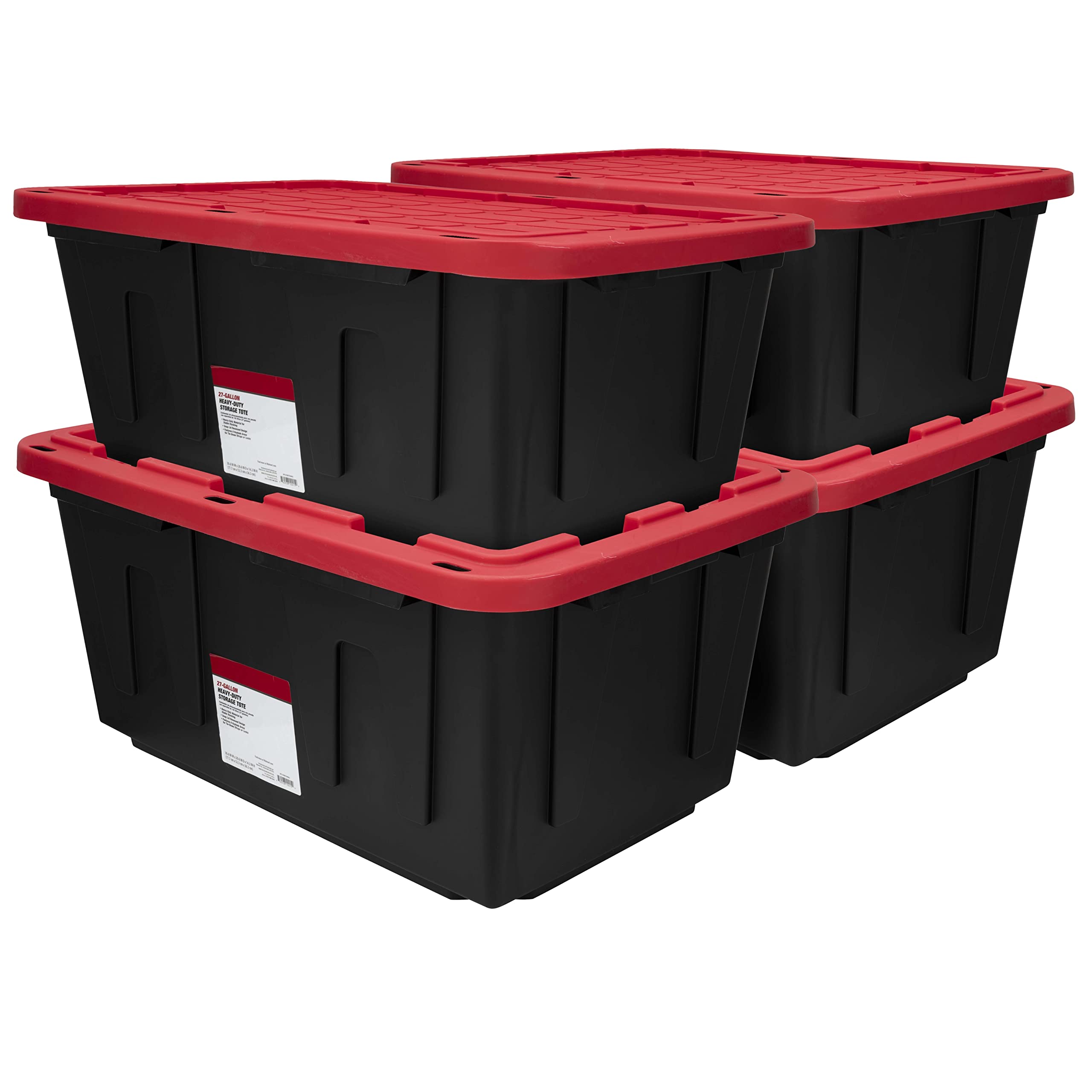 MioeDi 27 Gallon Stackable Snap Lid Plastic Storage Bin Container, Black with Red Lid, Set of 4, Black/Red