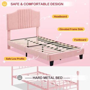 IDEALHOUSE Twin Bed Frame Upholstered Platform with Headboard, Strong Frame and Wooden Slats Support, Velvet Fabric Wrap, Non-Slip and Noise-Free,No Box Spring Needed, Easy Assembly, Pink