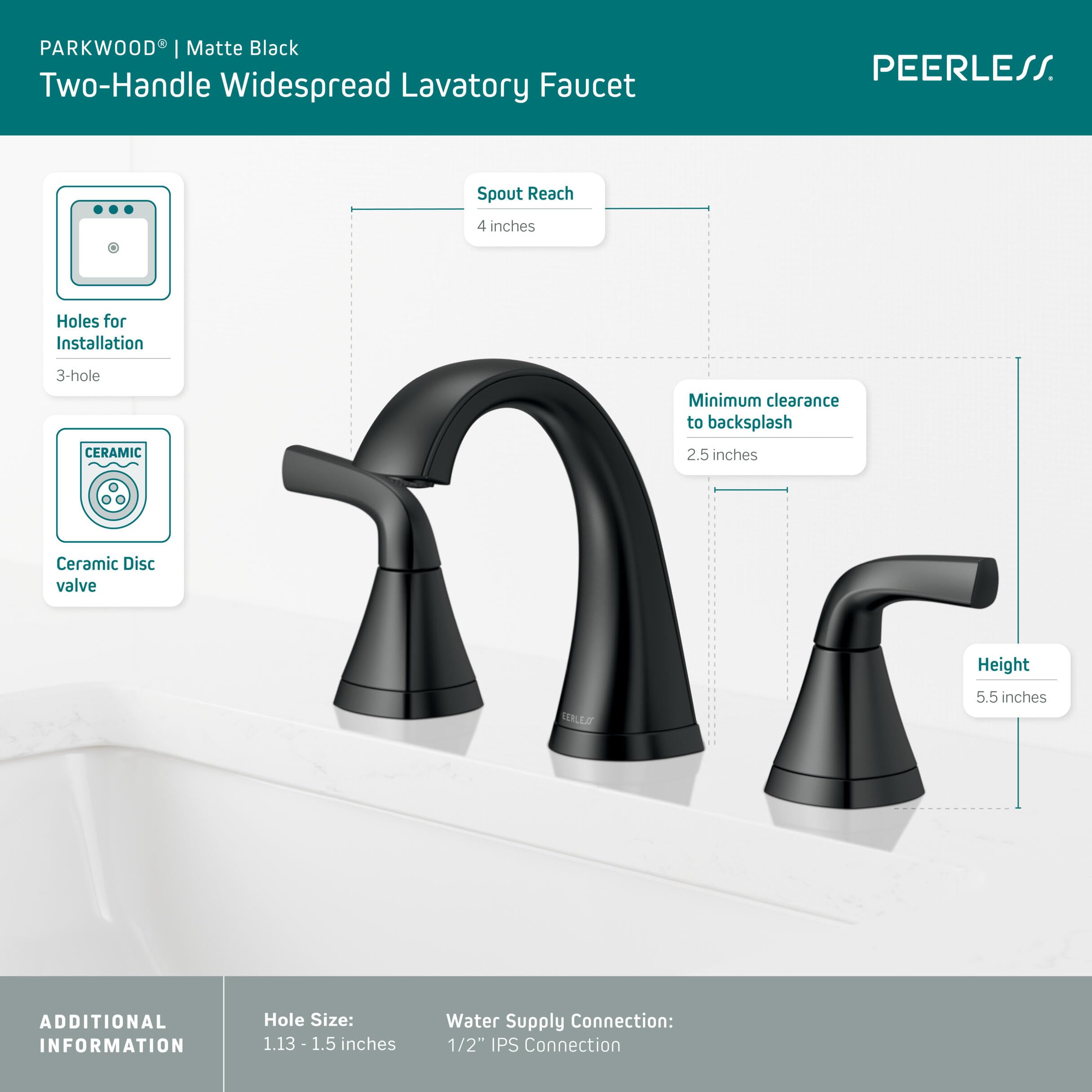 Peerless Parkwood Widespread Bathroom Faucet, Black Bathroom Faucet 3 Hole, Bathroom Sink Faucet, Drain Assembly, Matte Black P3535LF-BL