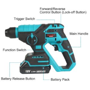 Cordless Rotary Hammer Drill Kit with 2.0Ah Lithium-Ion Battery and Charger,Brushless Motor,SDS Plus,2 Modes,3 Drill Bits,Variable Speed for Concrete Wood Brick Metal