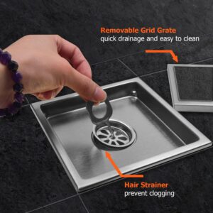 ARAUSK Shower Drain, 6 Inch Square Shower Floor Drain with Flange Reversible 2-in-1 Cover Tile Insert Grate Removable SUS 304 Stainless Steel Bathtub Drain Hair Catcher/Bathtub Protector for Bath