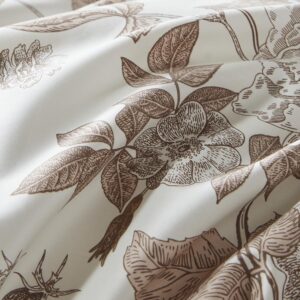 YuHeGuoJi Taupe Botanical Duvet Cover Queen 100% Egyptian Cotton Brown Floral Duvet Cover 3 Pcs Set 1 Farmhouse Flower Duvet Cover with Zipper Ties 2 Pillowcases Rose Plant Bedding Set Soft