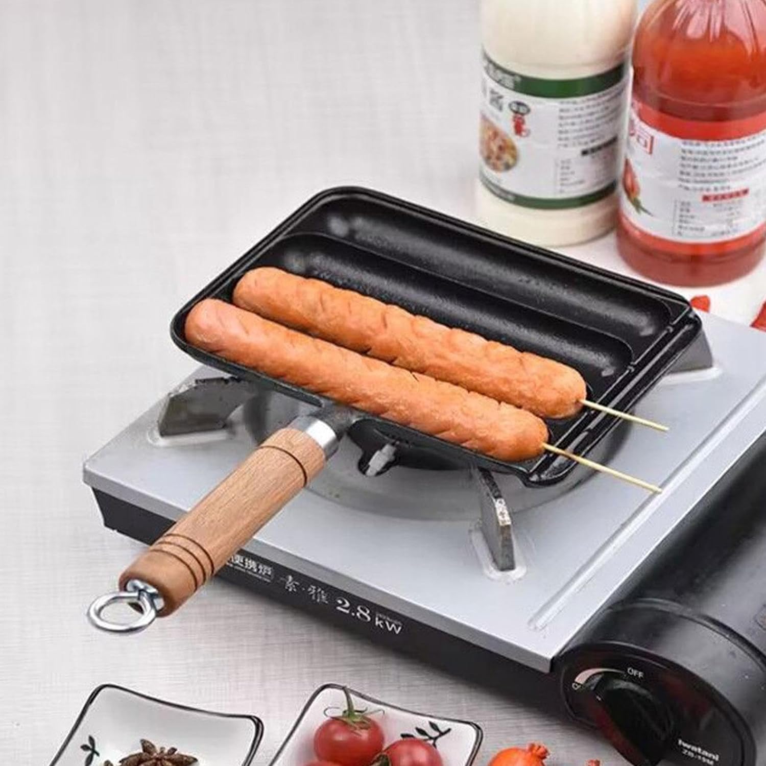 Sfocgoi Sausage Grill Pan, Cast Iron Sausage Pan, Non Stick Baking Tray With Anti Scald Wooden Handle, Sausage Pan Hot Dog Grill Pan-A