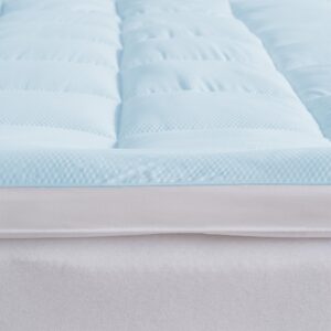 Great Bay Home Queen Cooling Mattress Topper. Thick, Elastic Corner Mattress Pad. Ultra-Soft Cooling Pillowtop Mattress Cover & Protector. Fits Mattresses up to 18” (Queen, Light Blue)