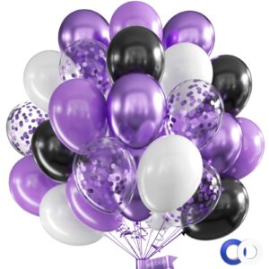 moxmay 62 pcs 12 inch black white purple balloons arch kit, matte black and white metallic purple confetti party balloons with ribbons for birthday, wedding, baby shower, graduation decorations