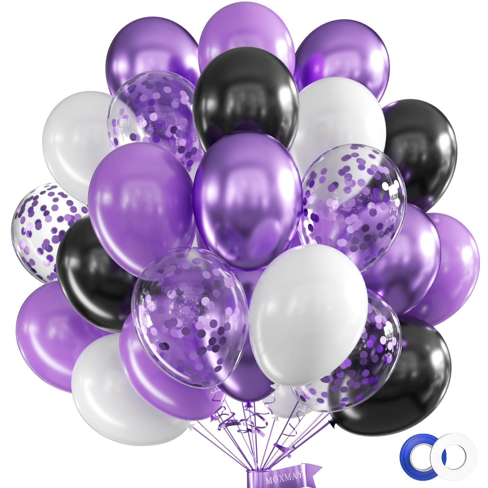 MOXMAY 62 Pcs 12 Inch Black White Purple Balloons Arch Kit, Matte Black and White Metallic Purple Confetti Party Balloons with Ribbons for Birthday, Wedding, Baby Shower, Graduation Decorations