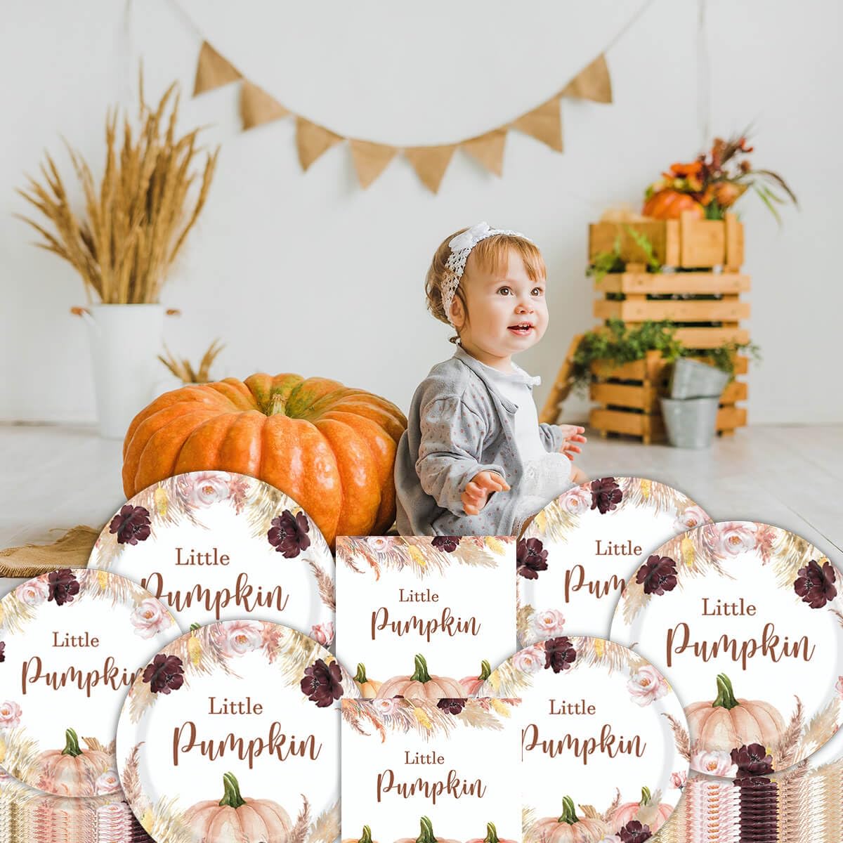 96 Pcs Fall Boho Pumpkin Party Plates and Napkins Set Baby Shower Happy Birthday Party Supplies Decorations for Kid Fall Leaves Pampas Grass Party Disposable Dinnerware Tableware Kit, Serves 24