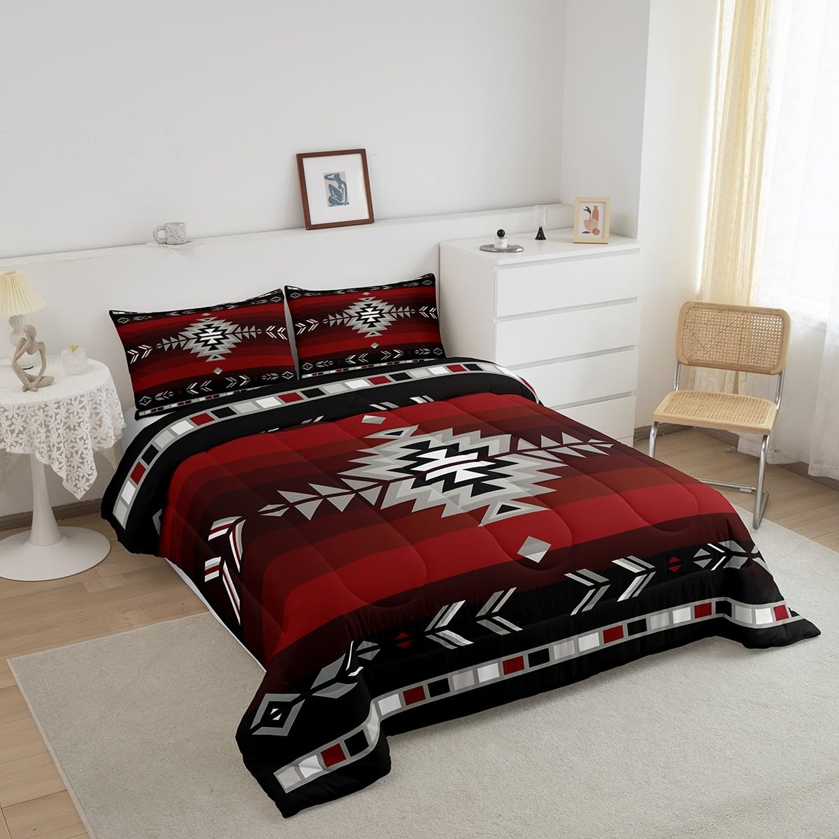 Feelyou King Size Southwest Native Design Bedding Set Boys Girls Southwestern Geometric Comforter Set for Kids Soft Tribal Comforter Red Grey Duvet Set Room Decor Quilt Boys