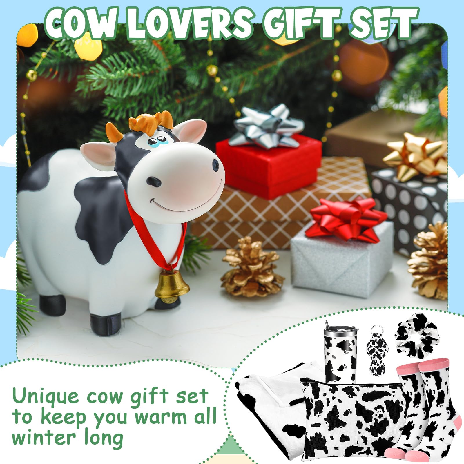 Bokon Cow Print Stuff for Girls, Cow Themed Set Include 50" x 60" Warm Plush Cute Blankets 20 oz Cow Tumbler Socks Cosmetic Bag Lipstick Holder Scrunchies Cow Sticker for Cow Lover