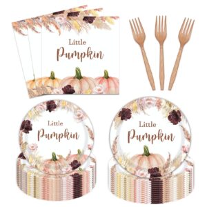 96 pcs fall boho pumpkin party plates and napkins set baby shower happy birthday party supplies decorations for kid fall leaves pampas grass party disposable dinnerware tableware kit, serves 24