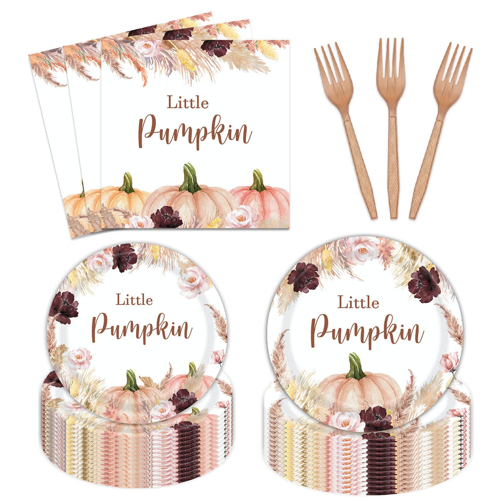 96 Pcs Fall Boho Pumpkin Party Plates and Napkins Set Baby Shower Happy Birthday Party Supplies Decorations for Kid Fall Leaves Pampas Grass Party Disposable Dinnerware Tableware Kit, Serves 24