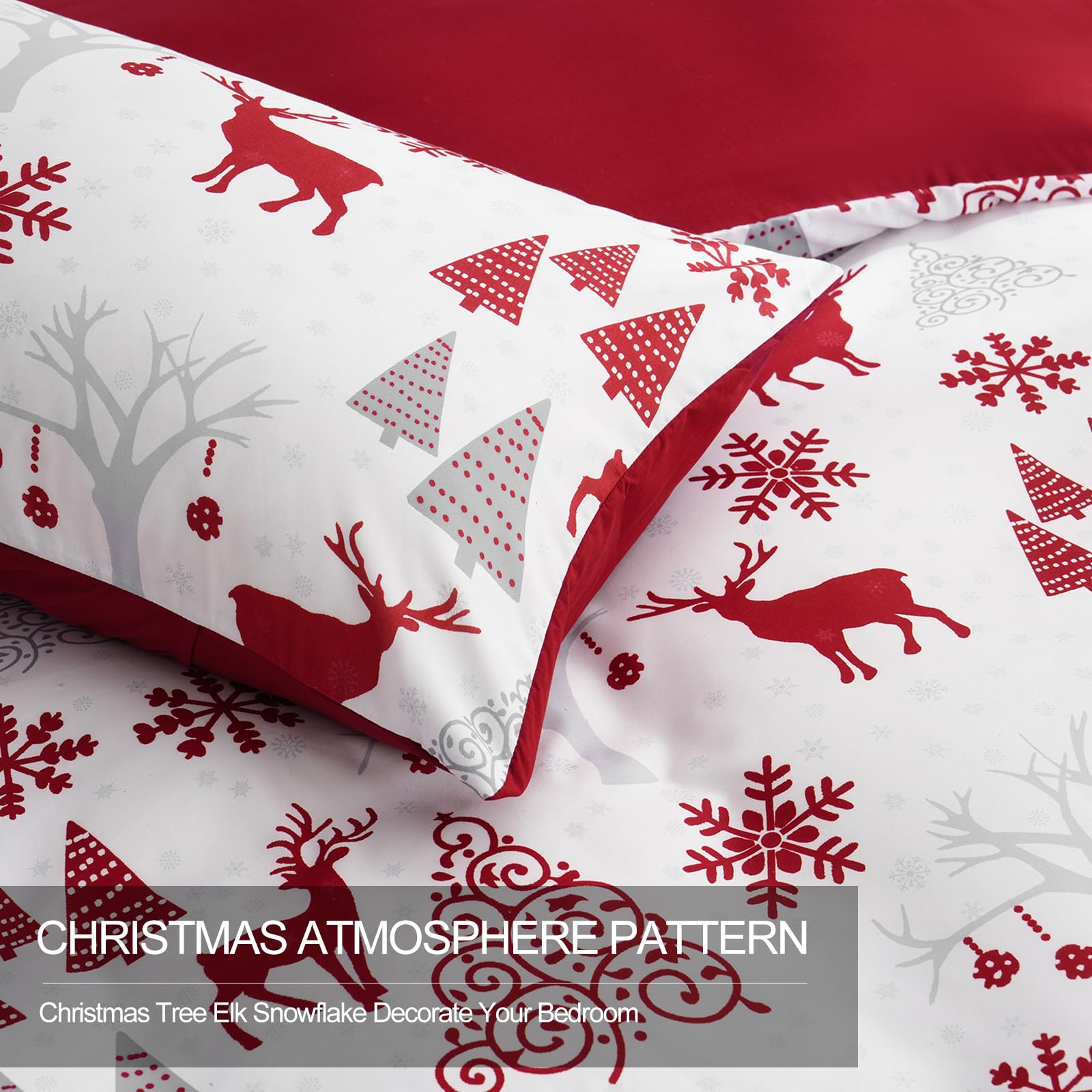 3 Pieces Christmas Duvet Cover Set Queen - Reversible Xmas Red and White Snowflake Christmas Tree Reindeer Pattern Bedding Set for Holiday Decoration, Microfiber Comforter Cover Set w/2 Pillowcases