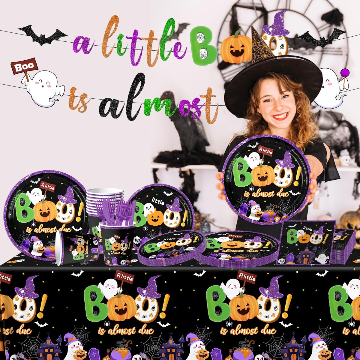 A Little Boo Is Almost Due Decorations-142Pcs Halloween Baby Shower Tableware Black Halloween Boo Plates and Napkins Set A little Baby Shower Party Supplies