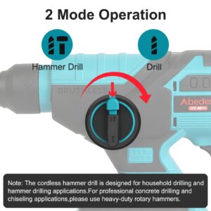 Cordless Rotary Hammer Drill Kit with 2.0Ah Lithium-Ion Battery and Charger,Brushless Motor,SDS Plus,2 Modes,3 Drill Bits,Variable Speed for Concrete Wood Brick Metal