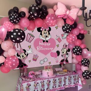 Pink Mouse Birthday Backdrop 6x4ft and Pink Mouse Color Balloon Garland Kit,116 pcs Pink Black Dot Balloon Arch with Pink Bow Balloons for Girls Mouse Theme Birthday Baby Shower Party Supplies