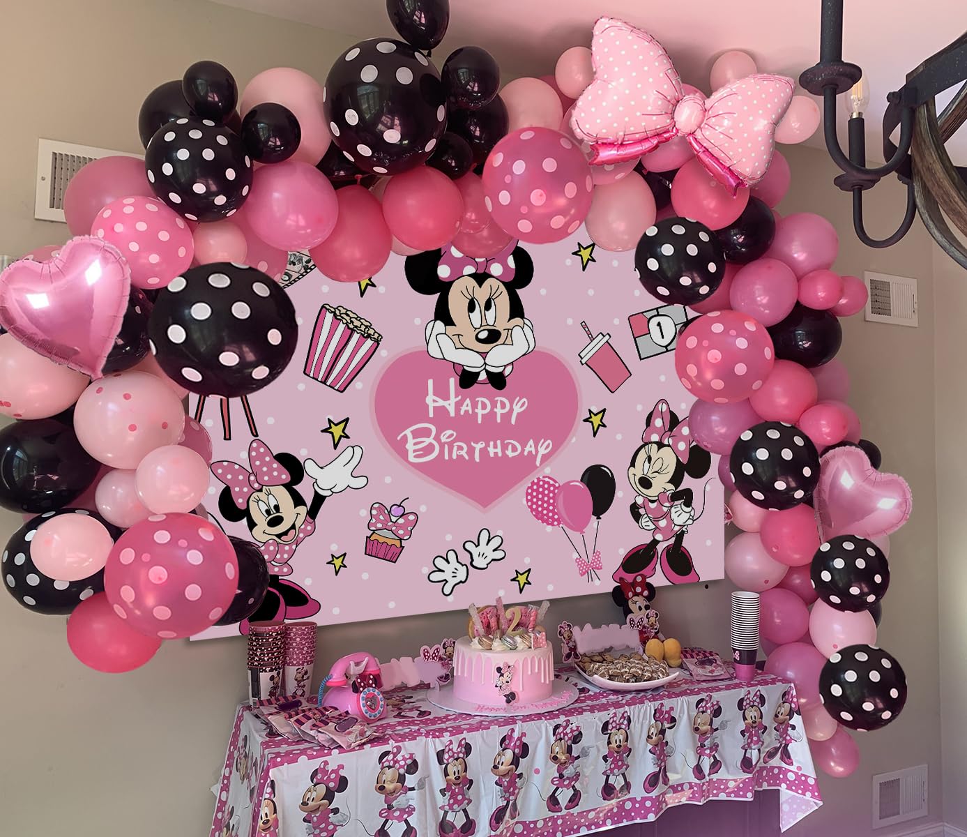 Pink Mouse Birthday Backdrop 6x4ft and Pink Mouse Color Balloon Garland Kit,116 pcs Pink Black Dot Balloon Arch with Pink Bow Balloons for Girls Mouse Theme Birthday Baby Shower Party Supplies