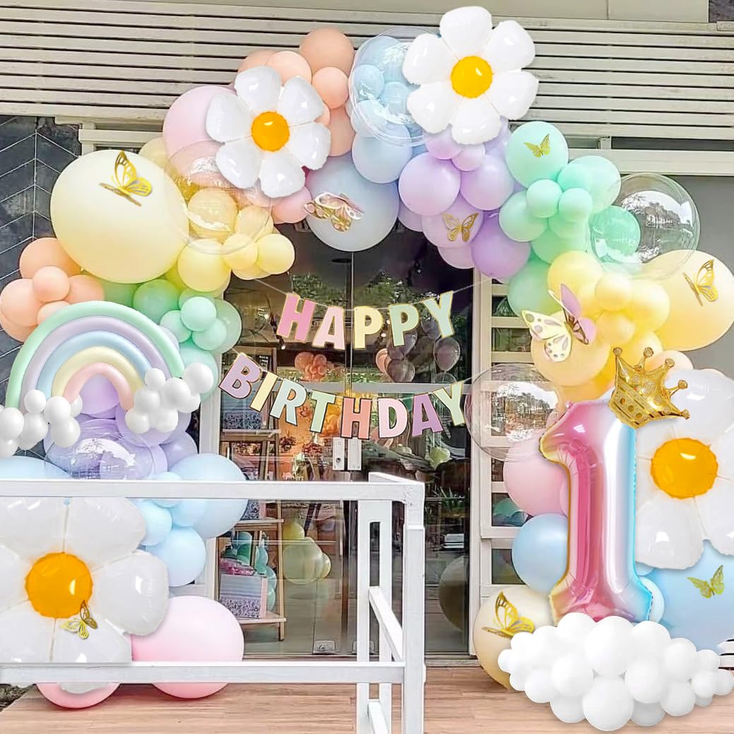 Slmeno Pastel Balloons 219Pcs Pastel Balloon Garland Kit Different Sizes 18 10 5 Inch Pastel Rainbow Balloons Daisy Balloons, First Birthday Decorations for Girl Baby Shower Party Balloons Arch Kit