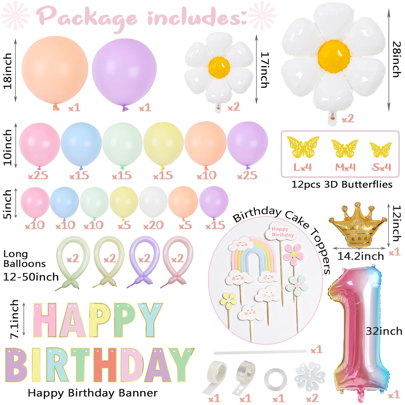 Slmeno Pastel Balloons 219Pcs Pastel Balloon Garland Kit Different Sizes 18 10 5 Inch Pastel Rainbow Balloons Daisy Balloons, First Birthday Decorations for Girl Baby Shower Party Balloons Arch Kit