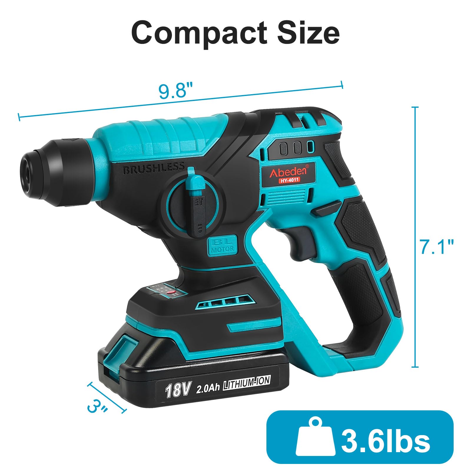 Cordless Rotary Hammer Drill Kit with 2.0Ah Lithium-Ion Battery and Charger,Brushless Motor,SDS Plus,2 Modes,3 Drill Bits,Variable Speed for Concrete Wood Brick Metal