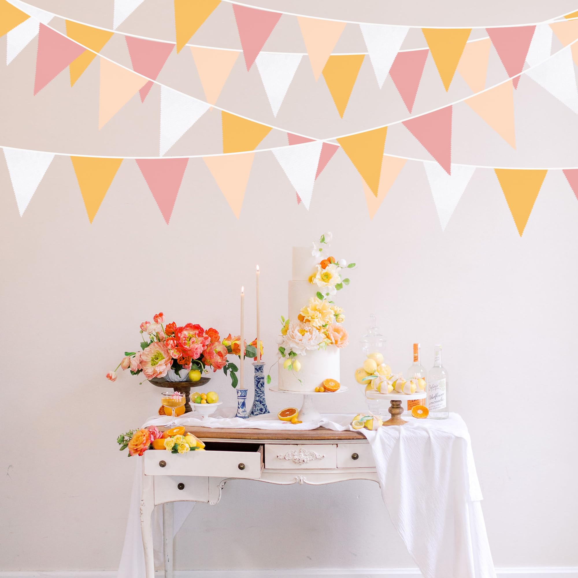 32Ft Groovy Party Decorations Yellow Pink White Pennant Banner Fabric Triangle Flag Bunting Garland Streamers for Daisy Groovy Boho Retro Hippie Wedding Birthday Baby Shower Spring Party Supplies