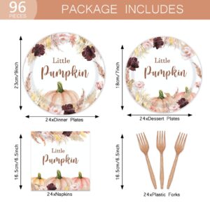 96 Pcs Fall Boho Pumpkin Party Plates and Napkins Set Baby Shower Happy Birthday Party Supplies Decorations for Kid Fall Leaves Pampas Grass Party Disposable Dinnerware Tableware Kit, Serves 24