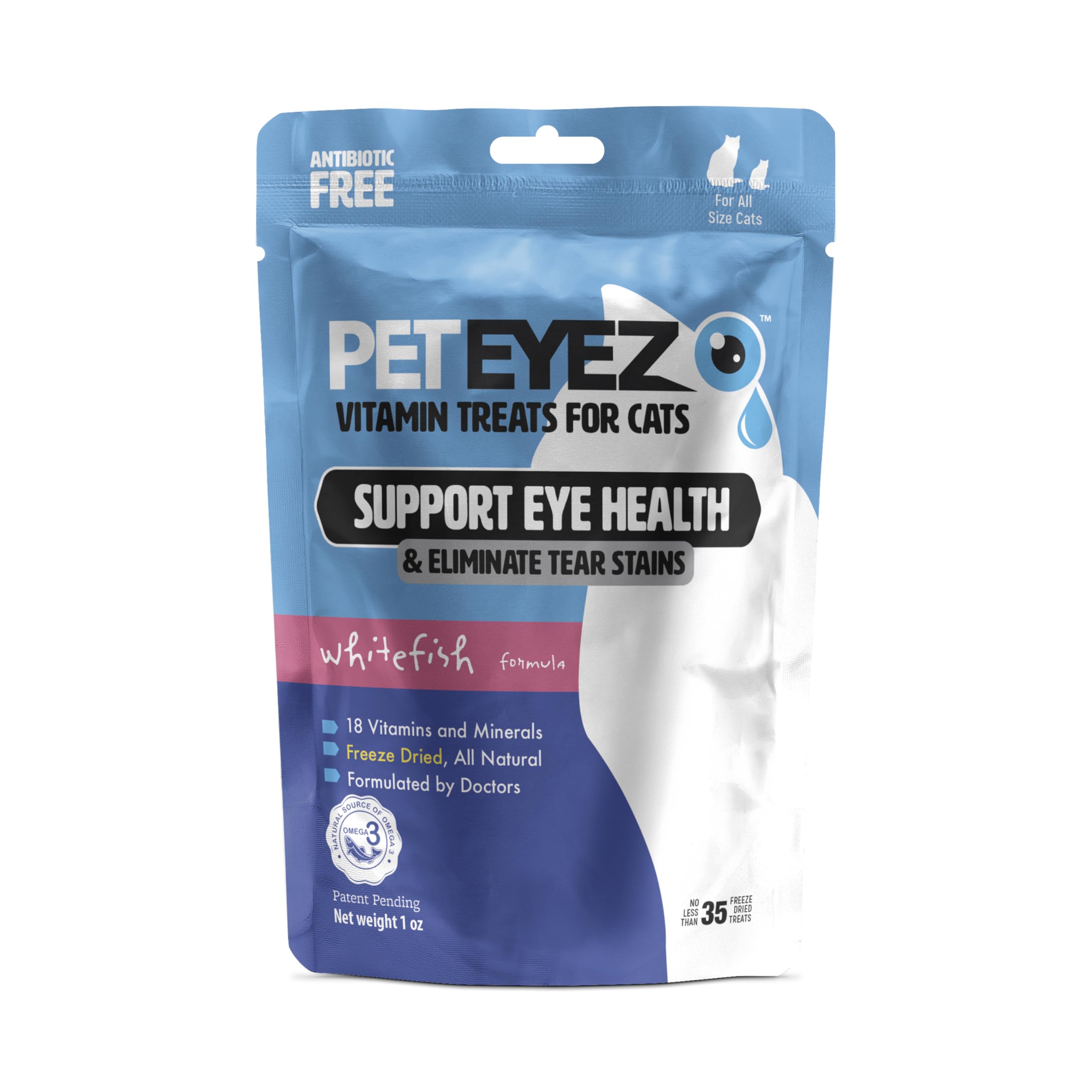 Pet Eyez Vitamin Treats for Cats - Tear Stain Remover - Eye Health Support - Reduces Itching & Allergies - Whitefish Flavor - 1oz