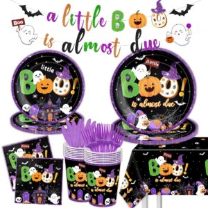 a little boo is almost due decorations-142pcs halloween baby shower tableware black halloween boo plates and napkins set a little baby shower party supplies