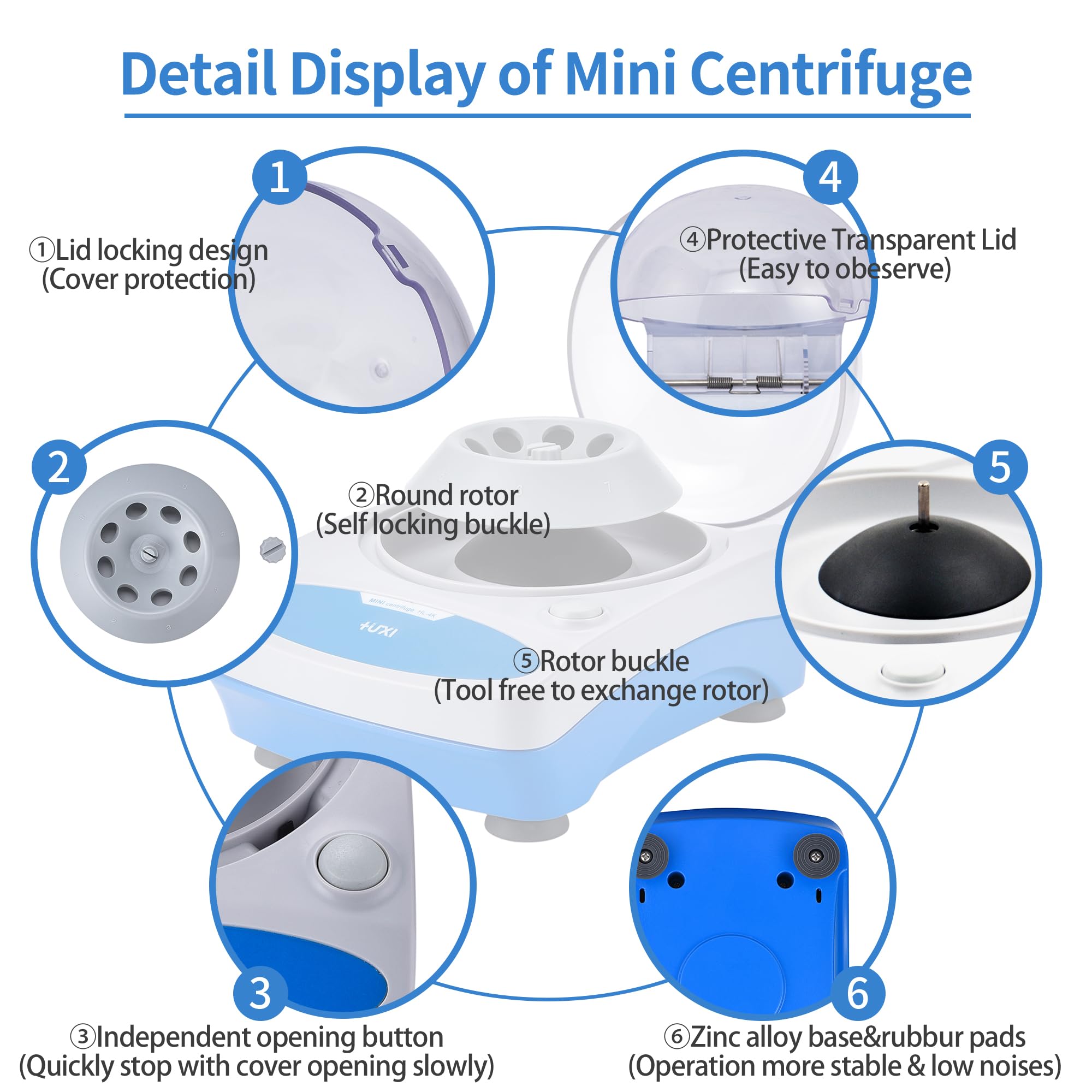 +UXI Mini Centrifuge Machine 4000rpm Scientific Lab Benchtop Microcentrifuge with 2 Rotors for 2ml/1.5ml/0.5ml/0.4ml/0.2ml centrifuge Tubes 110V Low Noise——Not for Blood Collection Tubes