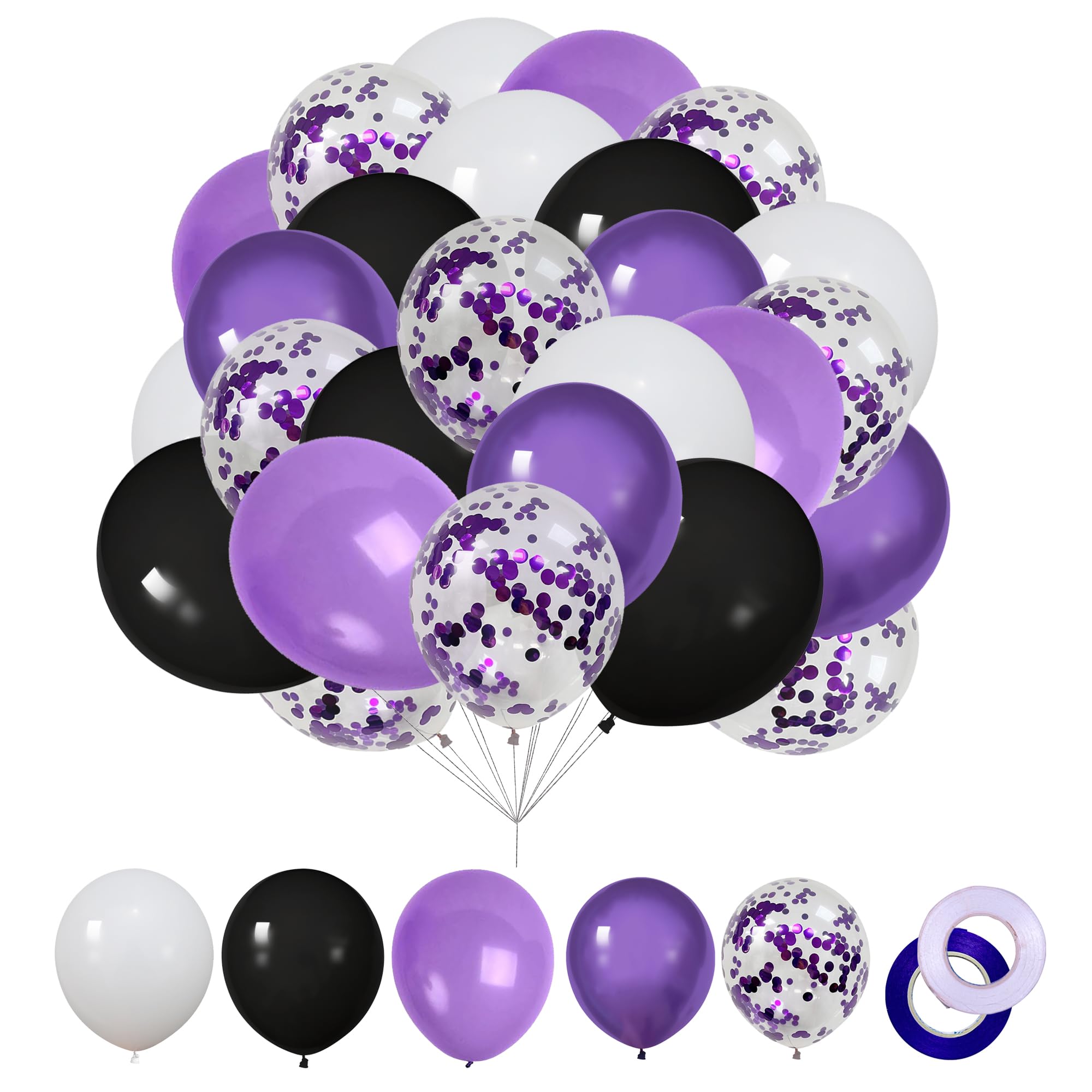 MOXMAY 62 Pcs 12 Inch Black White Purple Balloons Arch Kit, Matte Black and White Metallic Purple Confetti Party Balloons with Ribbons for Birthday, Wedding, Baby Shower, Graduation Decorations