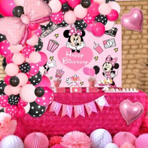 Pink Mouse Birthday Backdrop 6x4ft and Pink Mouse Color Balloon Garland Kit,116 pcs Pink Black Dot Balloon Arch with Pink Bow Balloons for Girls Mouse Theme Birthday Baby Shower Party Supplies