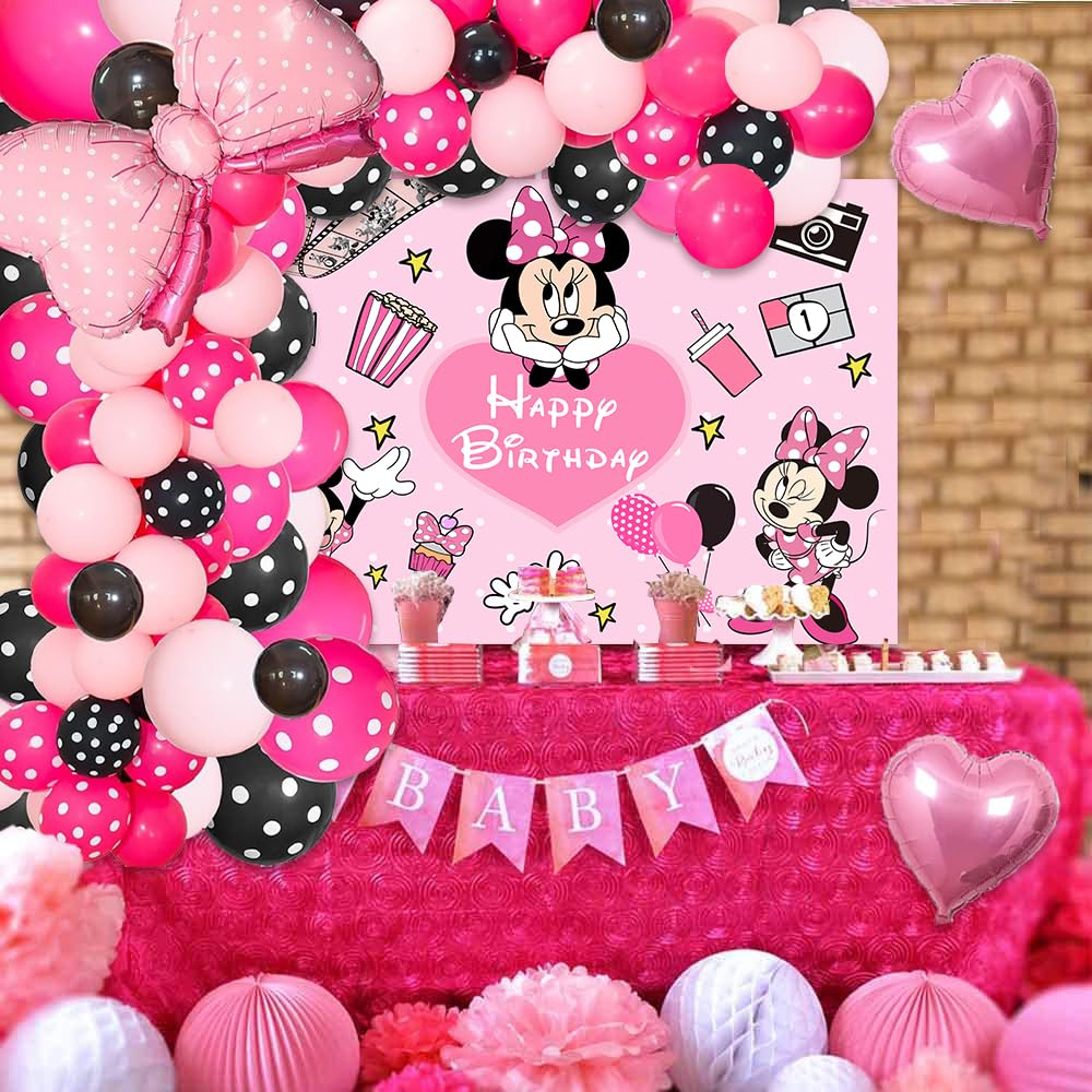 Pink Mouse Birthday Backdrop 6x4ft and Pink Mouse Color Balloon Garland Kit,116 pcs Pink Black Dot Balloon Arch with Pink Bow Balloons for Girls Mouse Theme Birthday Baby Shower Party Supplies