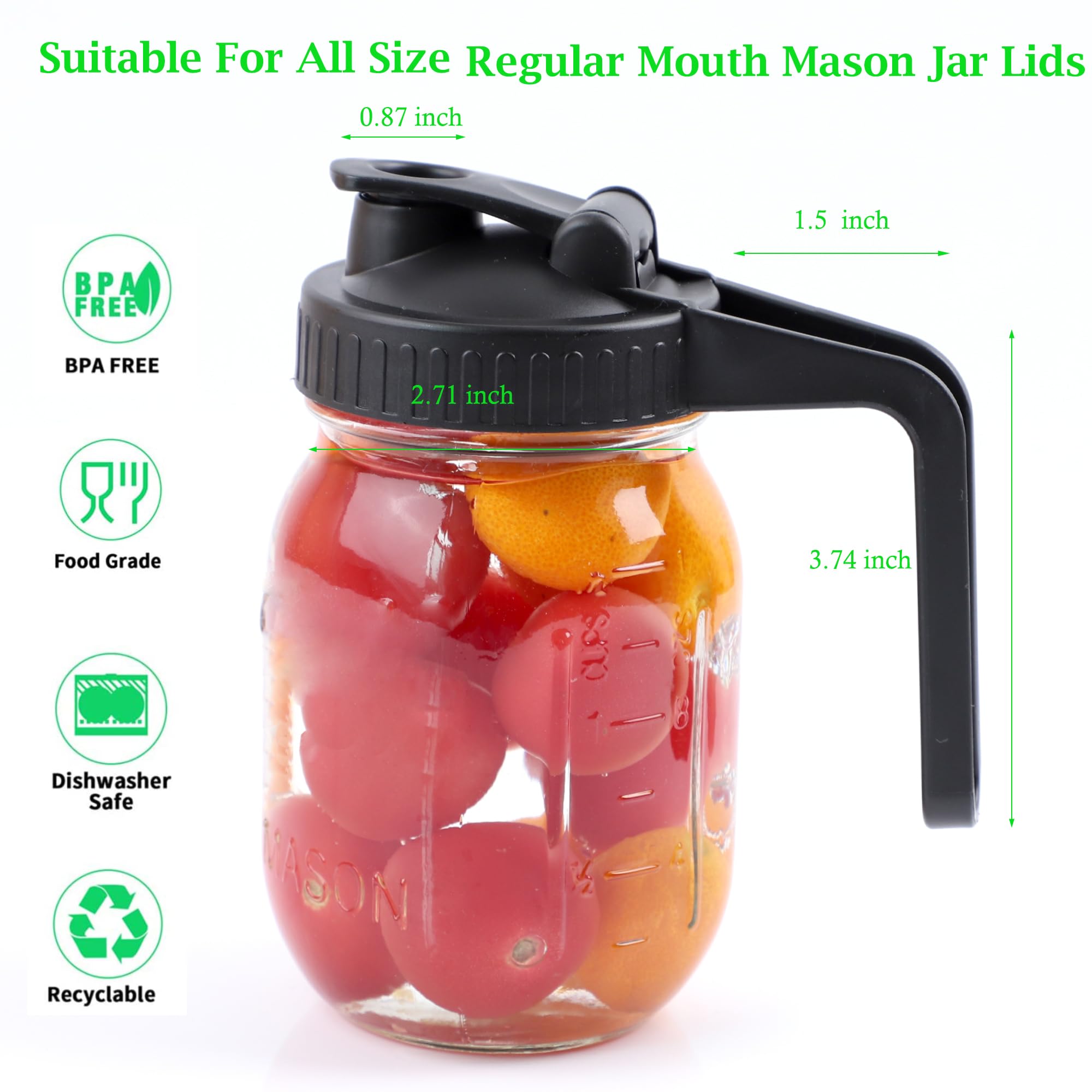 Mason Jar Pour Spout Lids With Handle Regular Mouth Mason Pitcher Lid With Flip Cap, Airtight & Leak-Proof Pour And Store Cover (Jar Not Included)