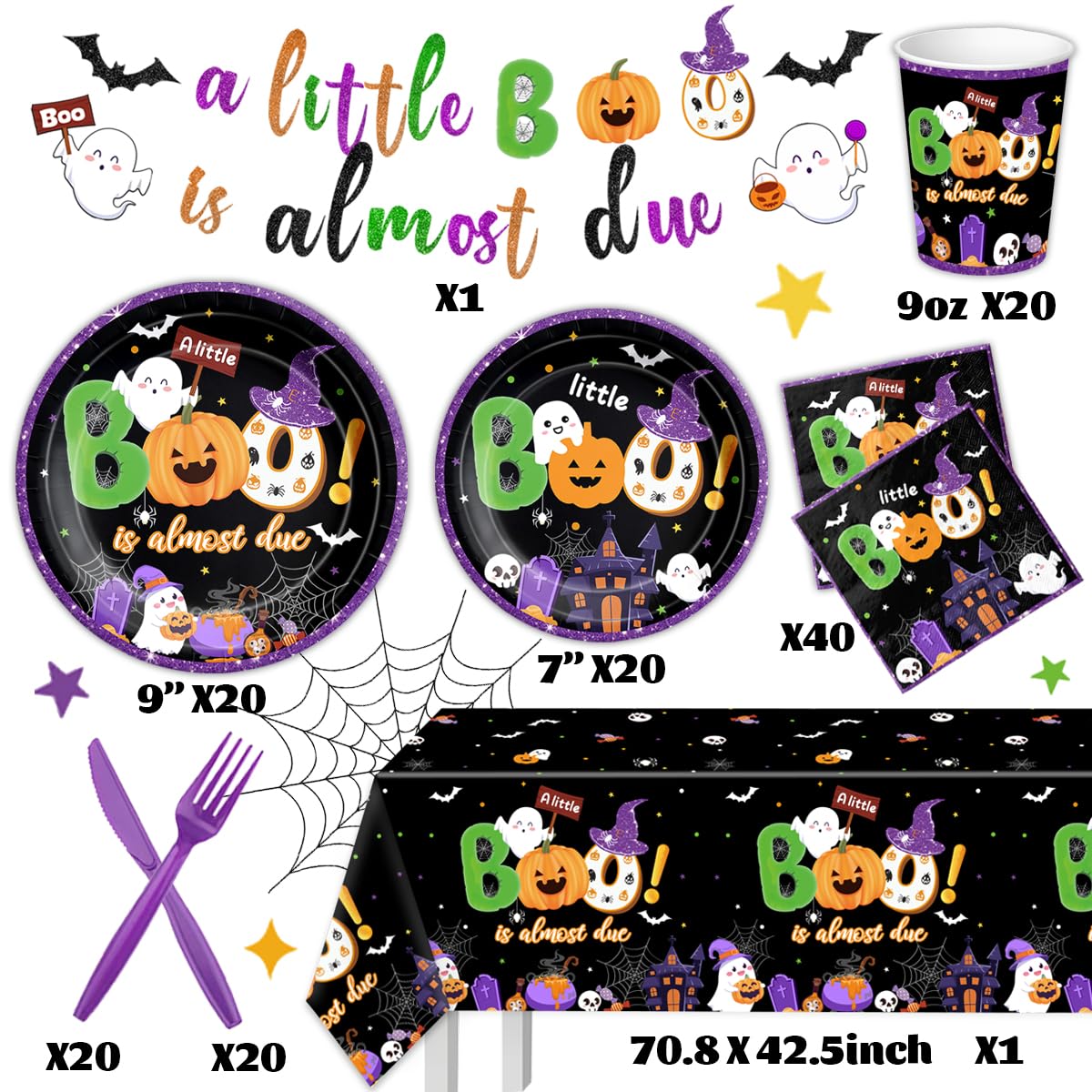 A Little Boo Is Almost Due Decorations-142Pcs Halloween Baby Shower Tableware Black Halloween Boo Plates and Napkins Set A little Baby Shower Party Supplies