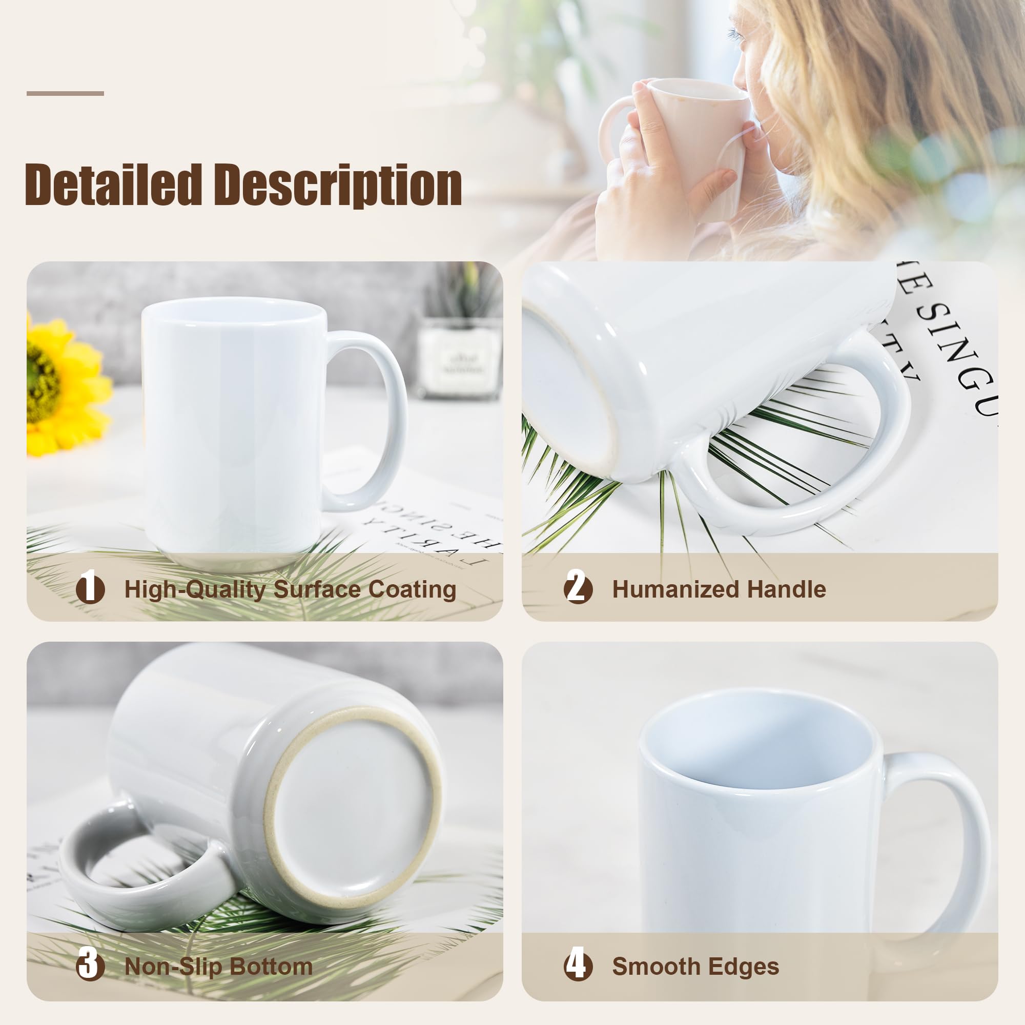 AGH 8pcs Sublimation Mugs 15 oz Blank Bulk, 15oz Sublimation Coffee Mug, White Ceramic Plain Mug Cups for Sublimation with Bamboo Lids & Stainless Steel Spoon for Coffee, Soup, Tea, Milk, Latte