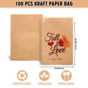 Whaline 100 Pack Fall Wedding Favor Candy Bags Fall in Love Treat Bags Pumpkin Maple Leaves Self-Adhesive Buffet Kraft Paper Cookie Bags Party Favor Snack Bags for Autumn Wedding Gift, 5x7.1 Inch