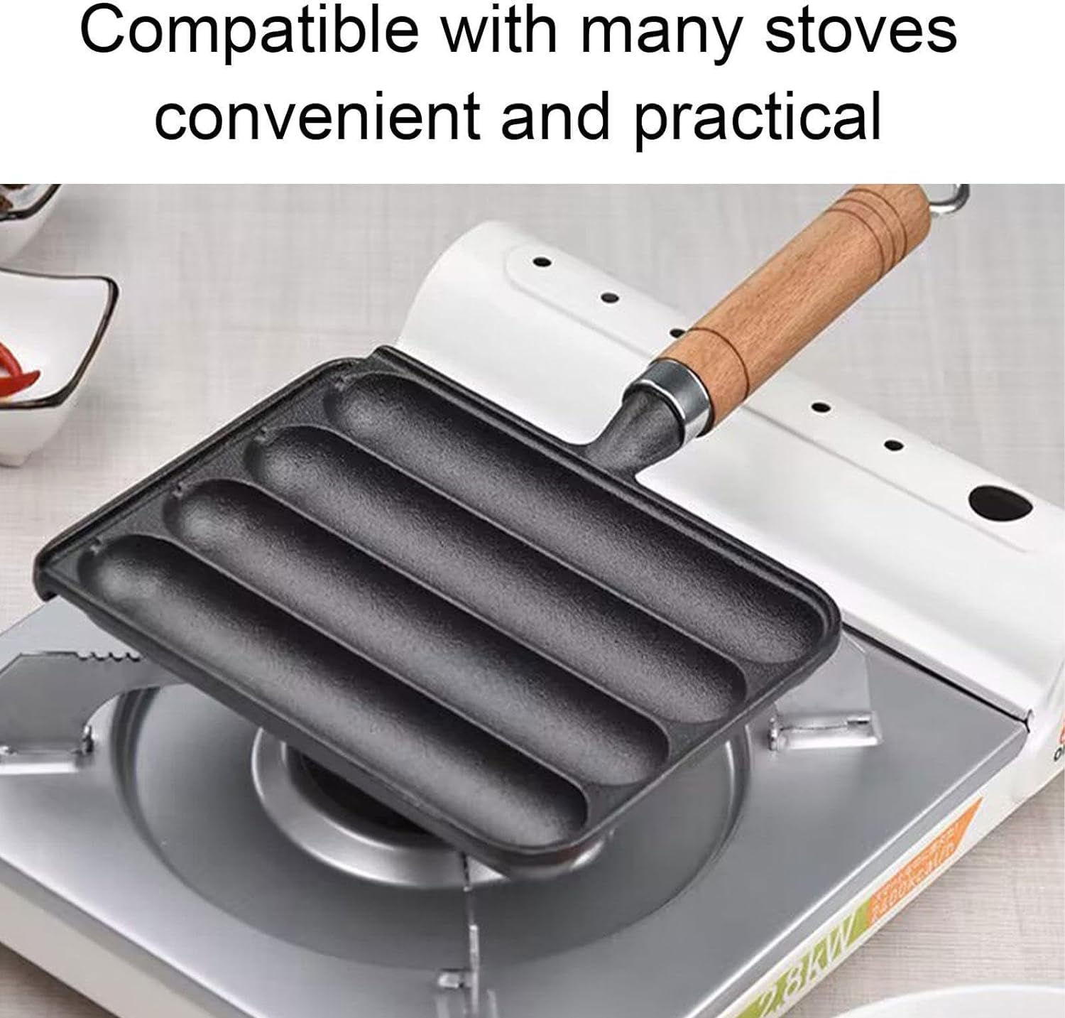 Sfocgoi Sausage Grill Pan, Cast Iron Sausage Pan, Non Stick Baking Tray With Anti Scald Wooden Handle, Sausage Pan Hot Dog Grill Pan-A