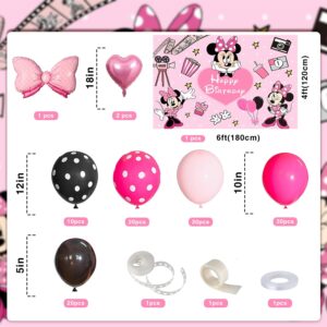 Pink Mouse Birthday Backdrop 6x4ft and Pink Mouse Color Balloon Garland Kit,116 pcs Pink Black Dot Balloon Arch with Pink Bow Balloons for Girls Mouse Theme Birthday Baby Shower Party Supplies