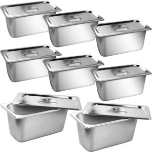 rayfarmo stainless steam hotel pan,1/3 size 6 inch deep steam table pan with lid, 8 pack 0.8 mm thick anti jam pan stainless steel steamer pan for commercial, party, restaurant,hotel