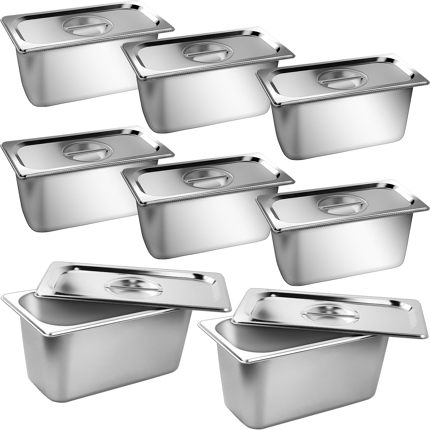 RAYFARMO Stainless Steam Hotel Pan,1/3 Size 6 Inch Deep Steam Table Pan with Lid, 8 Pack 0.8 mm Thick Anti Jam Pan Stainless Steel Steamer Pan for Commercial, Party, Restaurant,Hotel