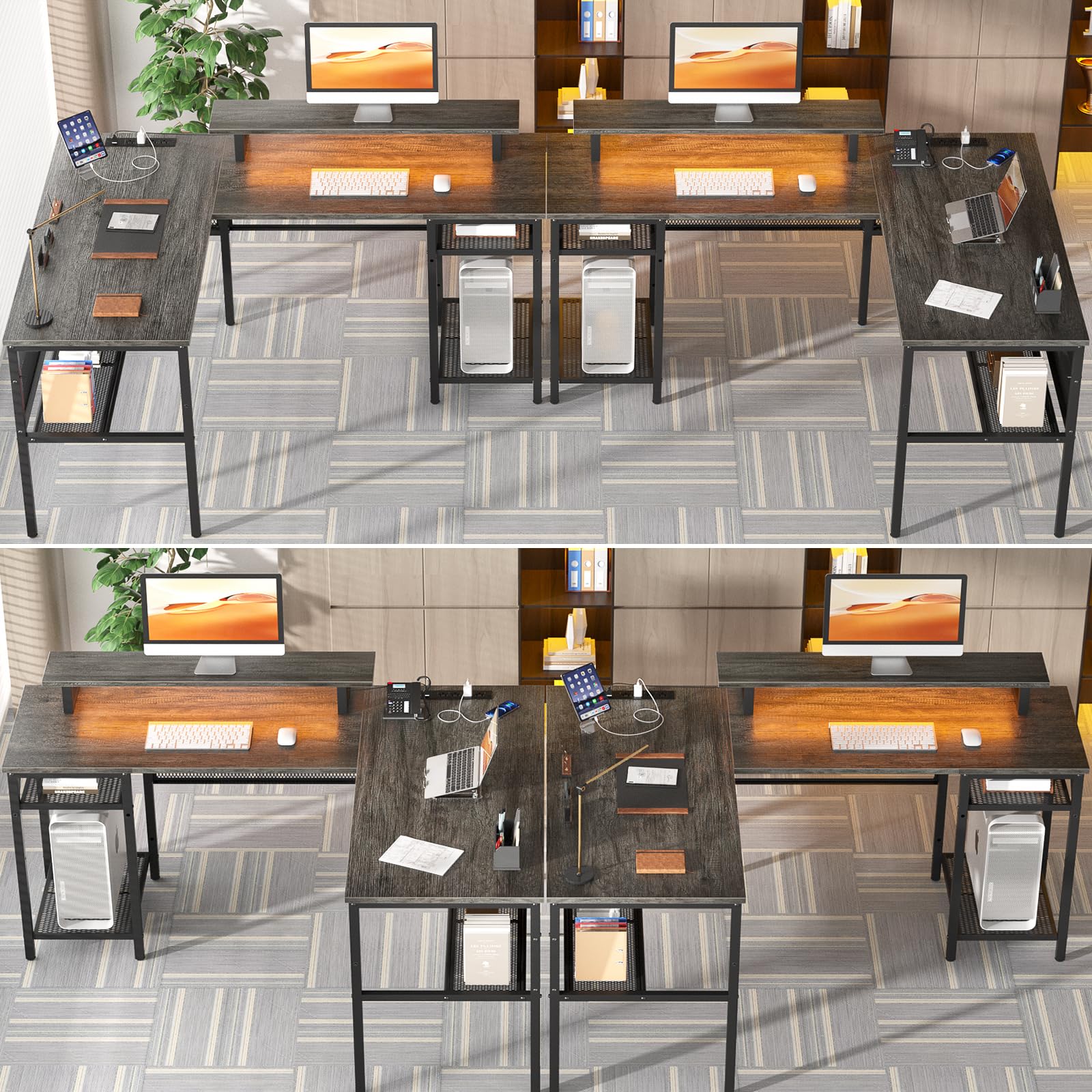 Unikito L Shaped Computer Desk with Magic Power Outlets and Smart LED Light, Reversible 55 Inch Corner Office Desk with Monitor Stand, Unique Grid Design, Gaming Table with Storage, Black Oak