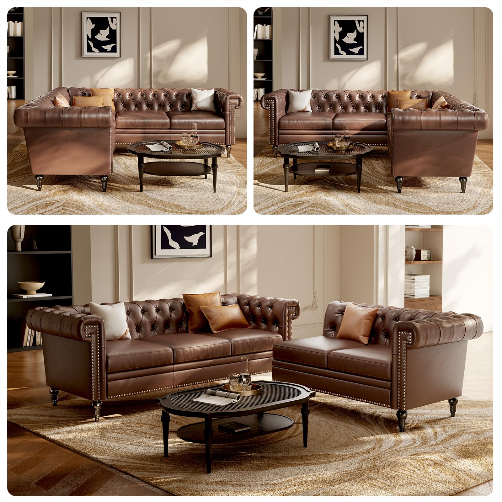 EYBCT Faux Leather Sectional Sofa Couch for Living Room, L Shaped Reversible Modern Chesterfield Sofa with Rolled Arms and Nailhead, 5 Seat Tufted Couch for Small or Large Space (Dark Brown)