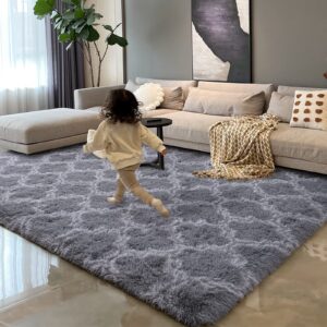 homore 8x10 large area rug for living room, grey and white bedroom rug, modern big fluffy rugs soft furry shaggy faux fur rug for farmhouse decor, aesthetic rugs for kids home indoor floor