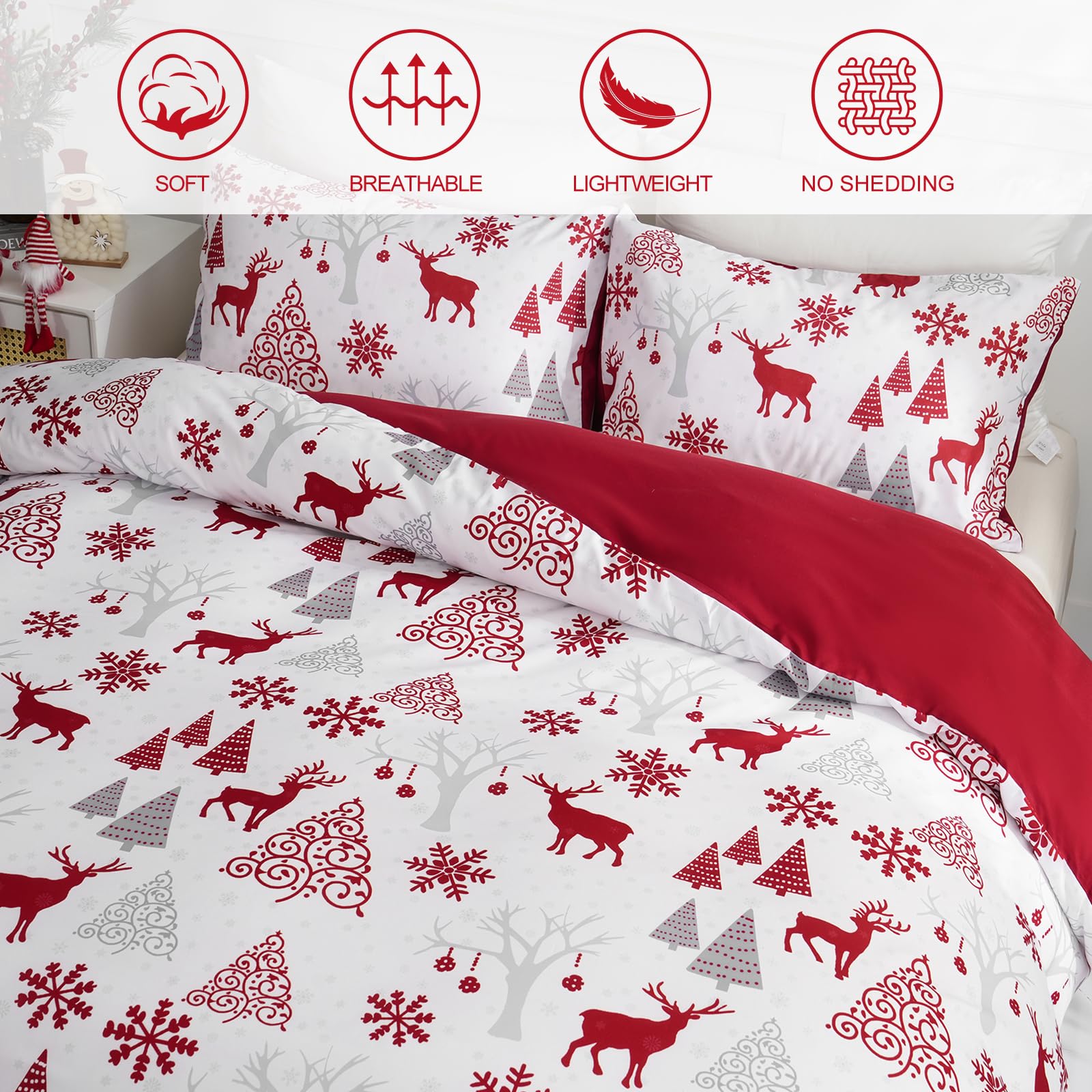 3 Pieces Christmas Duvet Cover Set Queen - Reversible Xmas Red and White Snowflake Christmas Tree Reindeer Pattern Bedding Set for Holiday Decoration, Microfiber Comforter Cover Set w/2 Pillowcases