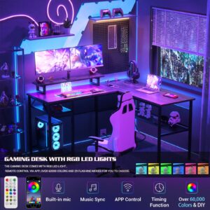 Unikito L Shaped Computer Desk with Magic Power Outlets and Smart LED Light, Reversible 55 Inch Corner Office Desk with Monitor Stand, Unique Grid Design, Gaming Table with Storage, Black Oak